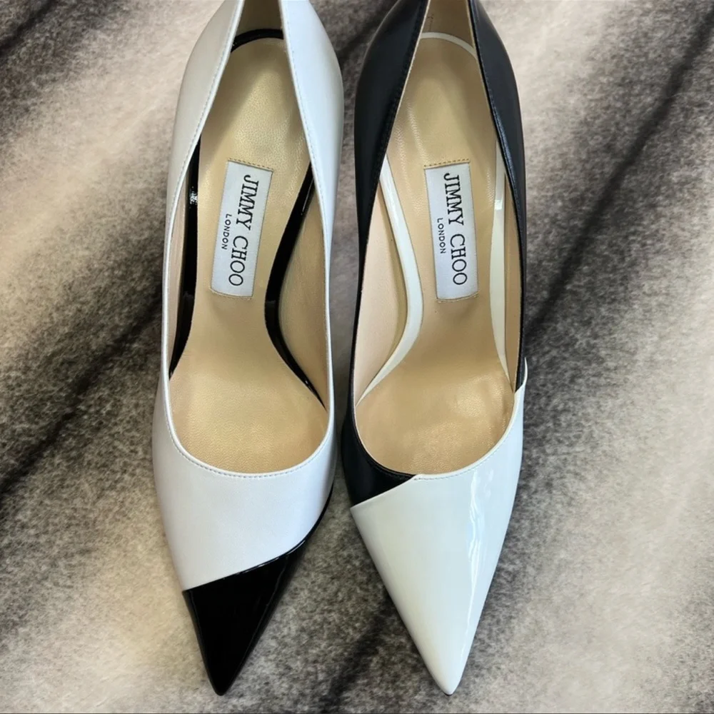 Jimmy Choo Love 100 Black and White Asymmetric Patent Nappa Pumps Heels - Picture 3 of 10